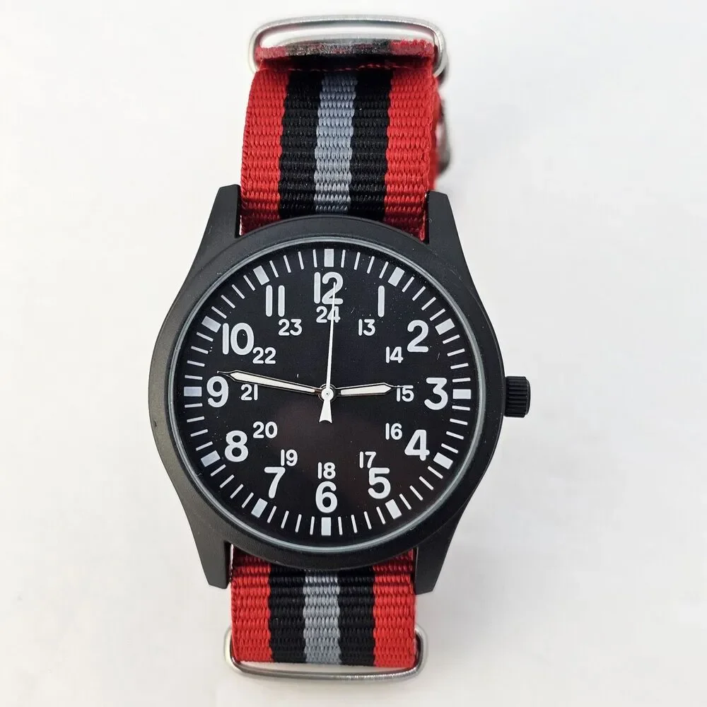 Field Men's Watch 42MM Black Case Black Dial Red Black Gray‎ Canvas Band Strap